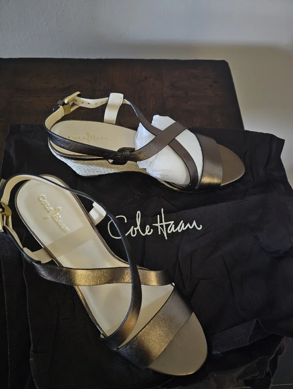 Cole Haan Bronze Metallic Crisscross Wedge Sandals